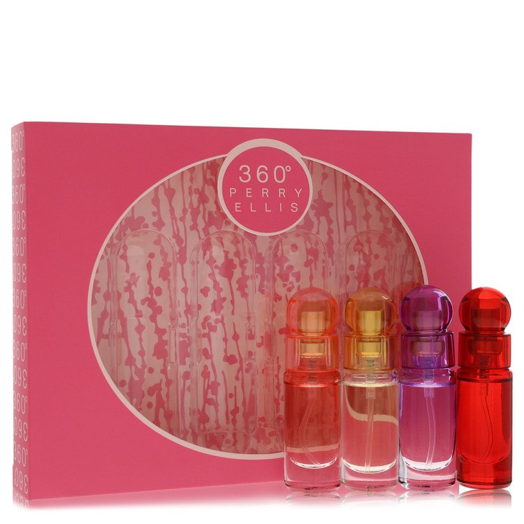 Gift Set -- Four piece Travel Gift Set Includes .25 oz Mini Eau De Parfum Spray of each. 360 Coral, 360 For Women, 360 Purple, 360 Red.